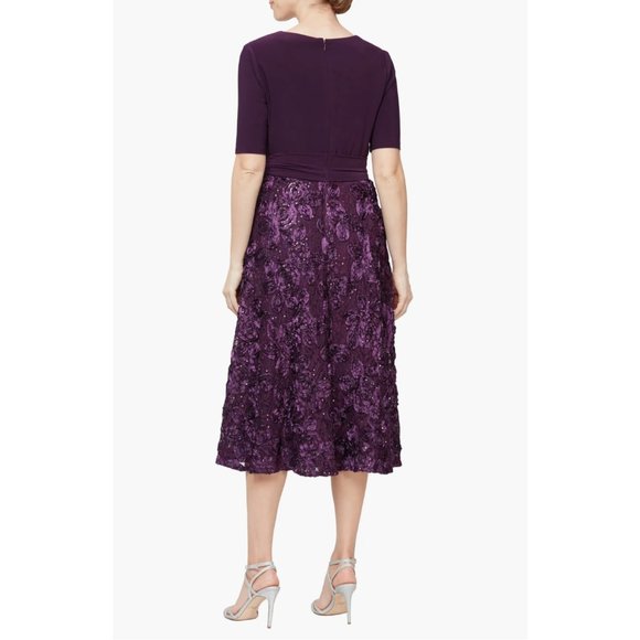 NEW $219 Alex Evenings [ 10 ] Mixed Media Sequined Rosette Midi Dress Eggplant‎ - Picture 14 of 14